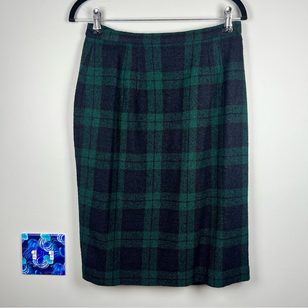 VTG Cynthia Howie Blue Green Tartan Plaid Wool Preppy Pencil Academia Skirt 10